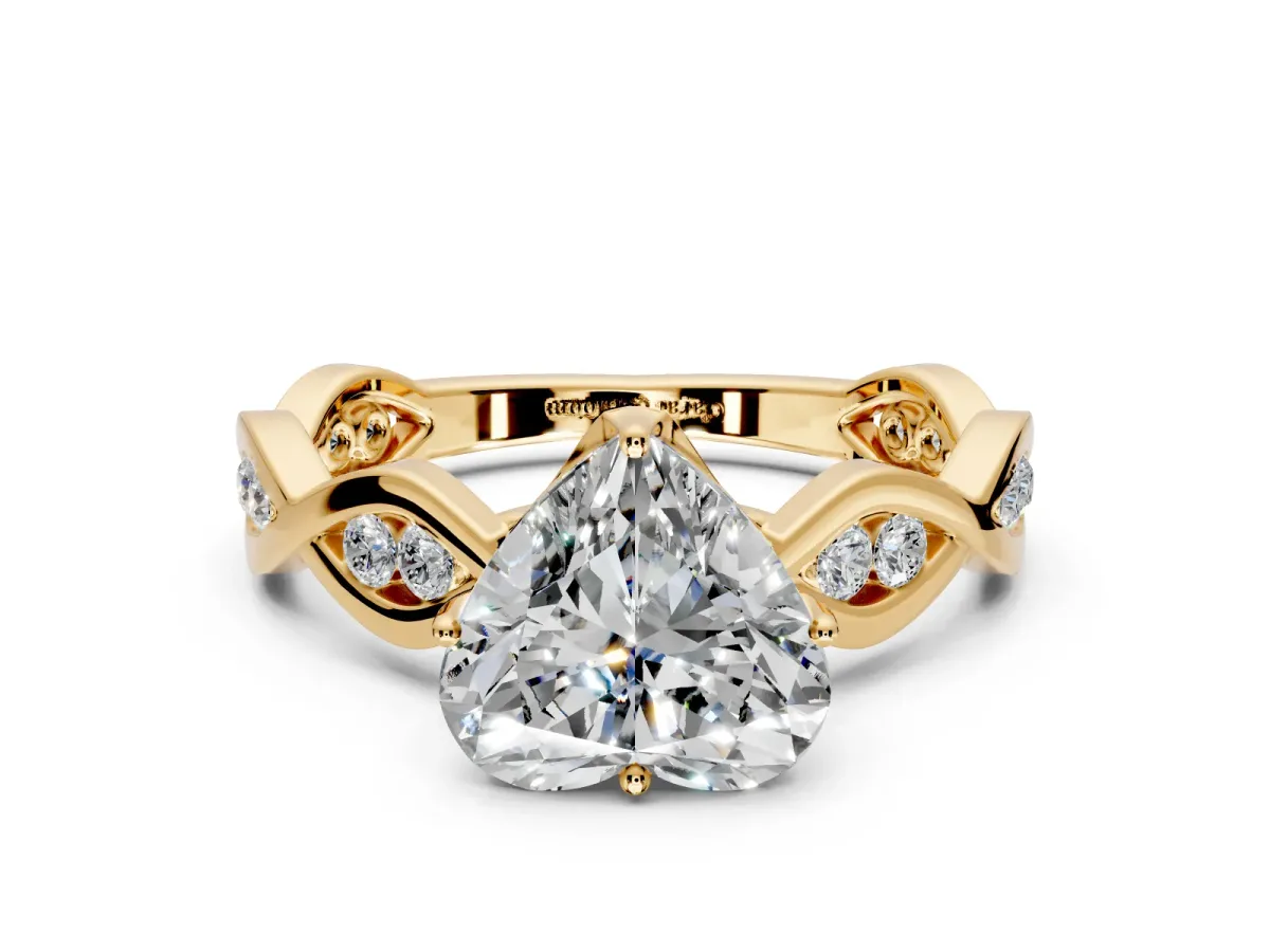 Solitaire Engagement Ring Setting for Heart-Shaped Center with Accented Twist Band and Leaf Prong Head in Yellow Gold