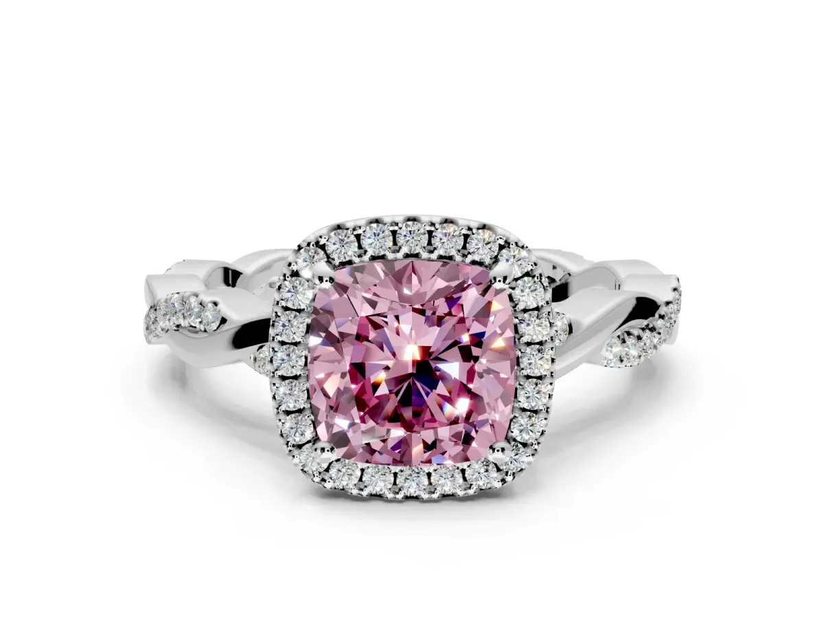 Halo Engagement Ring Setting for Fancy Pink Cushion Cut Center with Pave and Plain Twist Band and Prong Head in White Gold