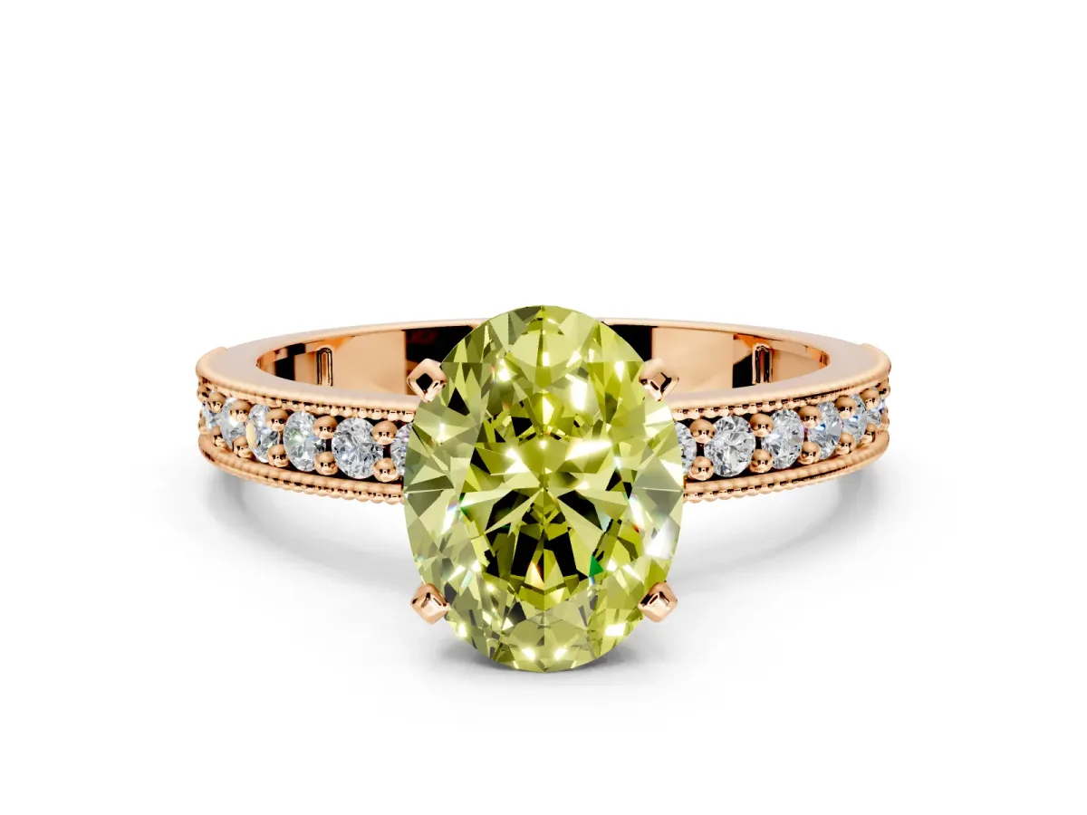 Milgrain Pave Engagement Ring Setting for Fancy Yellow Oval Center with Accent Band and Prong Head in Rose Gold