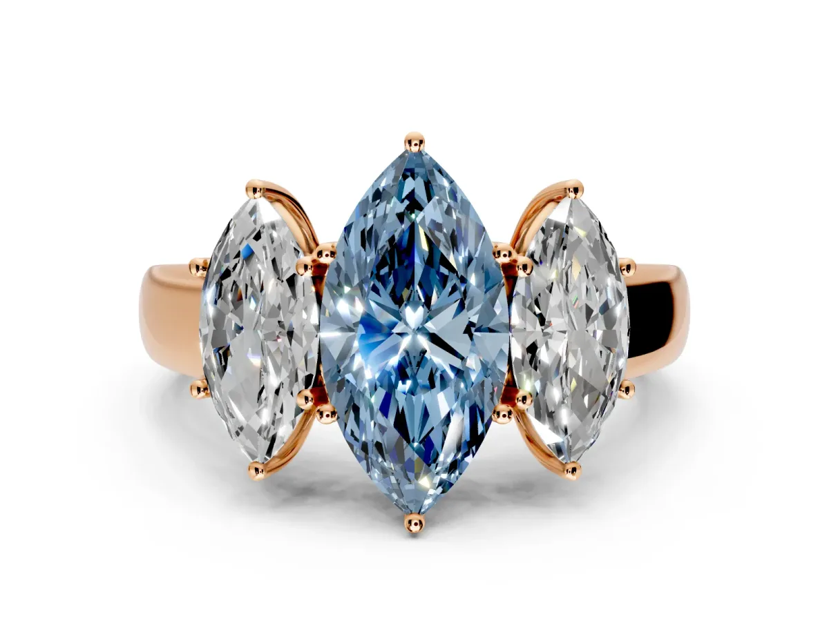 3 Stone Engagement Ring Setting for Fancy Blue Marquise Center with Raised Basket Heads and Prong Head in Rose Gold