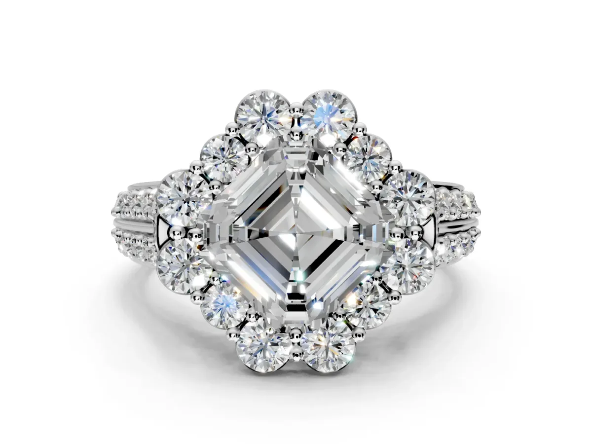 Large Accent Halo Engagement Ring Setting for Asscher Cut Center with Pave Split Shank and Prong Head in Platinum