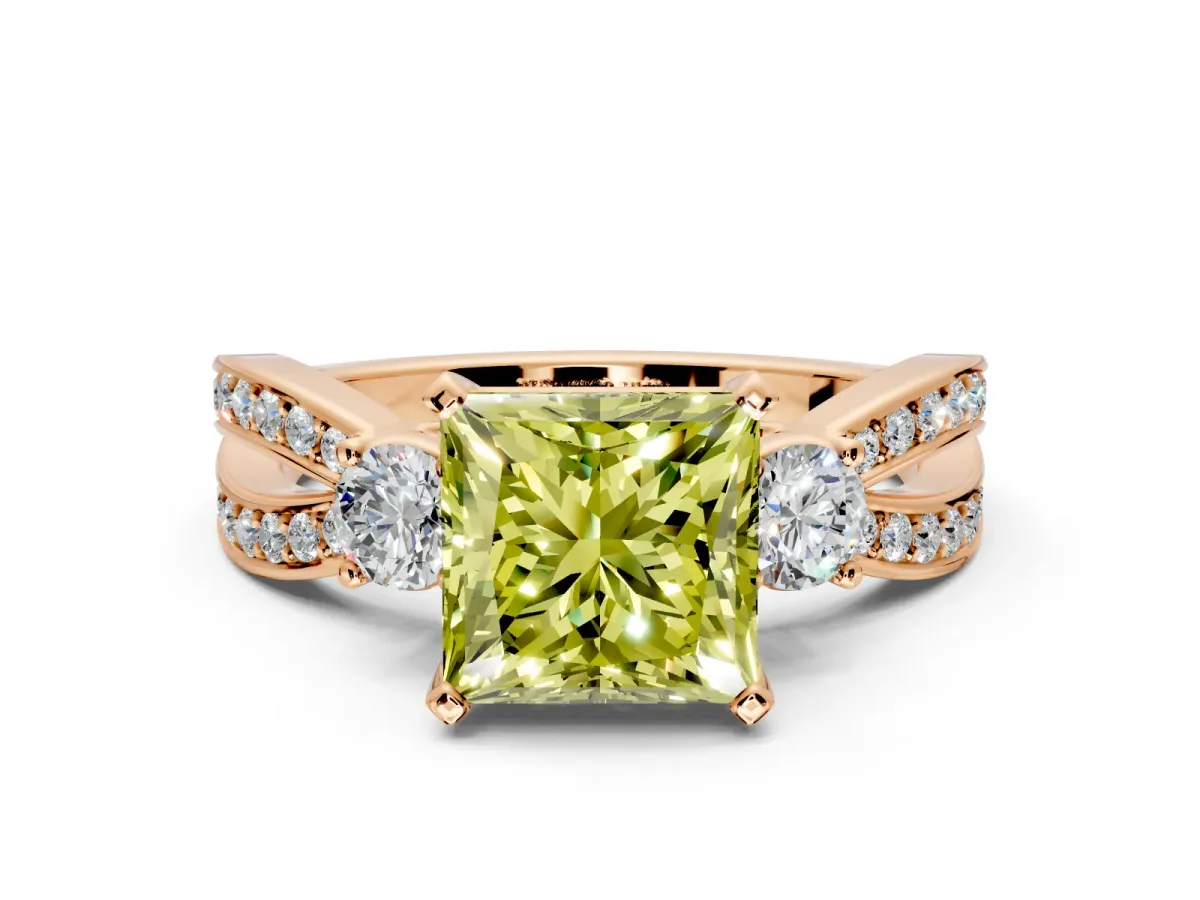 3 Stone Engagement Ring Setting for Fancy Yellow Princess Cut Center with Pave Twist Band and Prong Head in Rose Gold