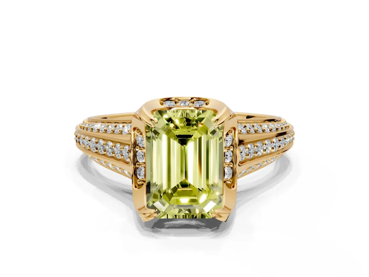 Solitaire Engagement Ring Setting for Fancy Yellow Emerald Cut Center with Accented Split Shank and Prong Head in Yellow Gold