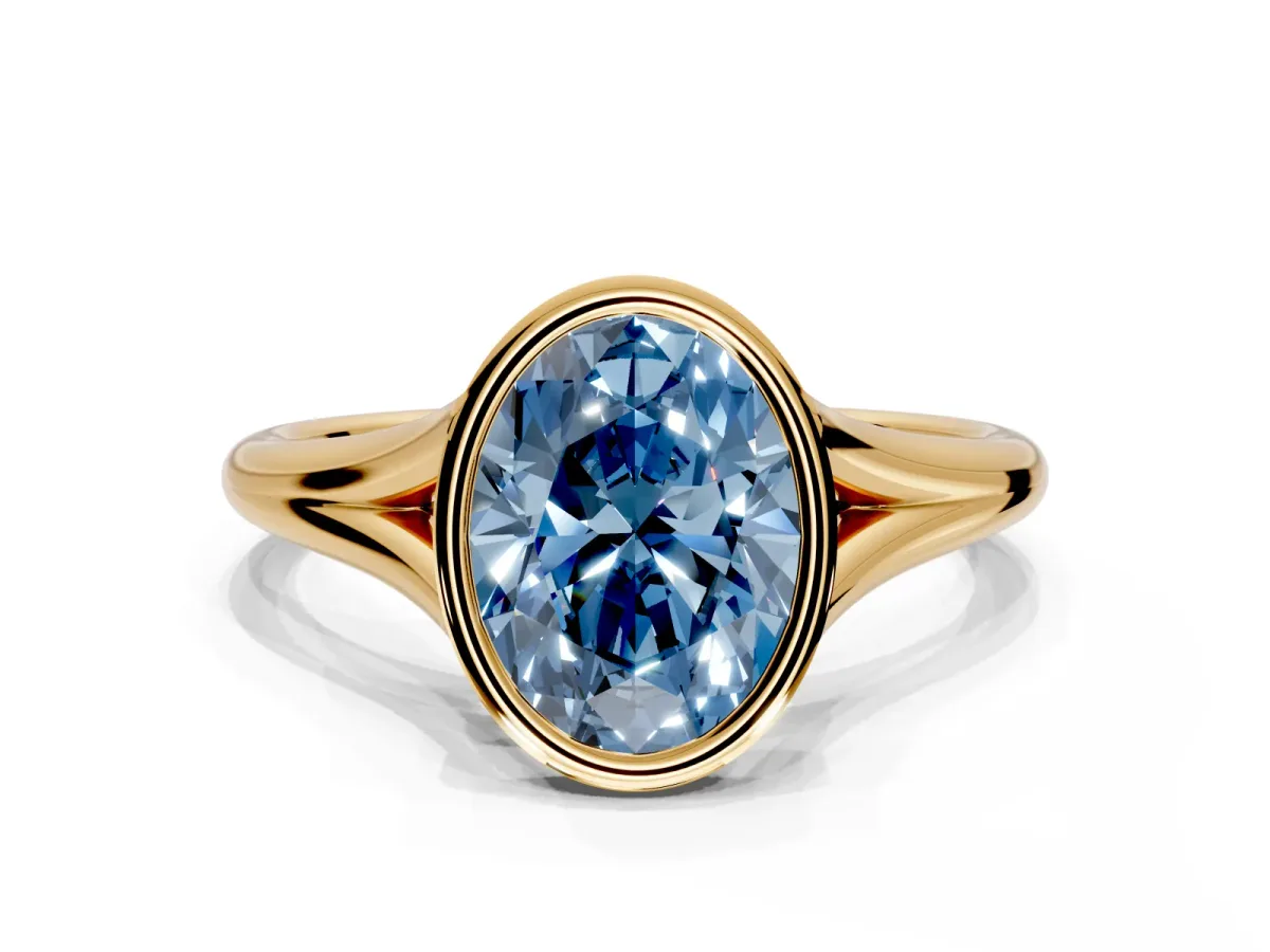 Solitaire Engagement Ring Setting for Fancy Blue Oval Center with V Split Shank and Bezel Head in Yellow Gold