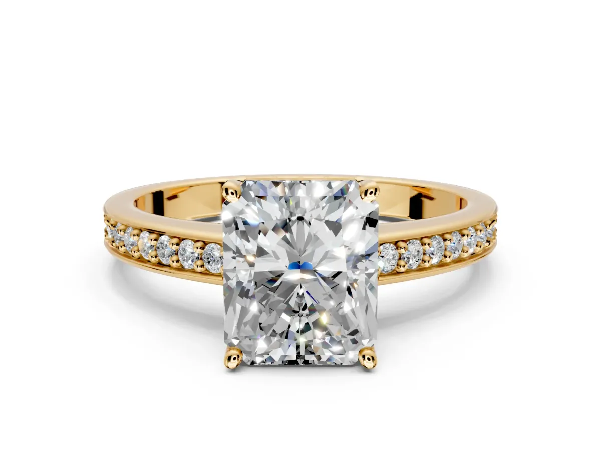 Solitaire Engagement Ring Setting for Radiant Cut Center with Channel-Set Accent Band and Prong Head in Yellow Gold