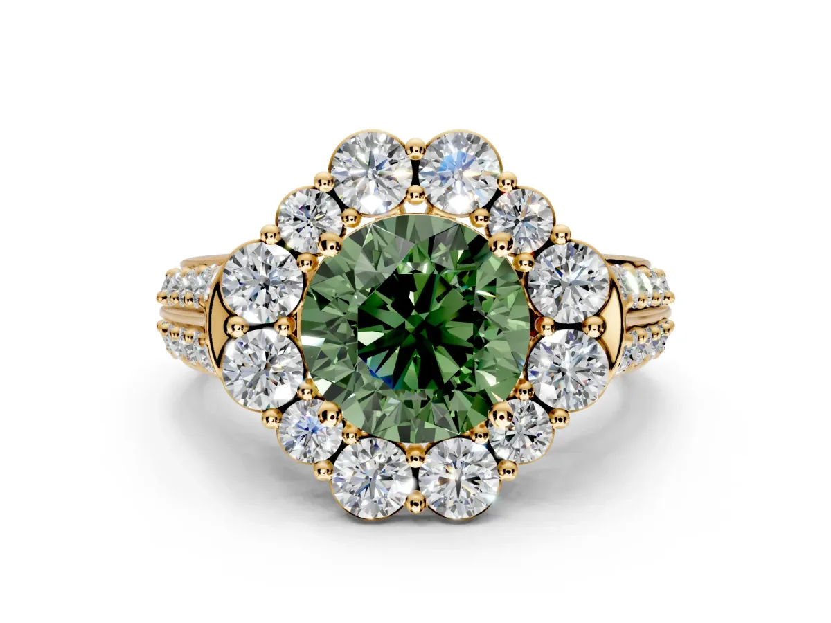 Large Accent Halo Engagement Ring Setting for Fancy Green Round Cut Center with Pave Split Shank and Prong Head in Yellow Gold