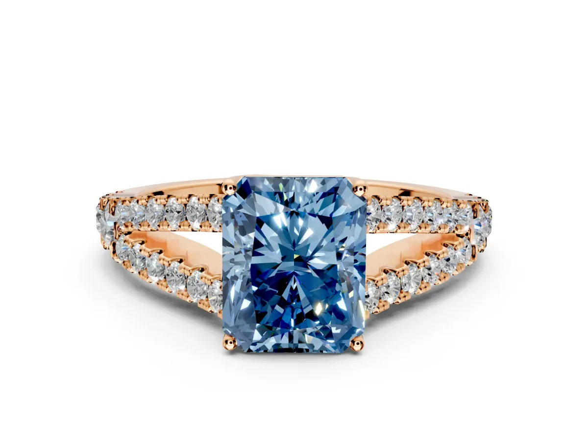 Solitaire Engagement Ring Setting for Fancy Blue Radiant Cut Center with Pave Split Shank and Prong Head in Rose Gold