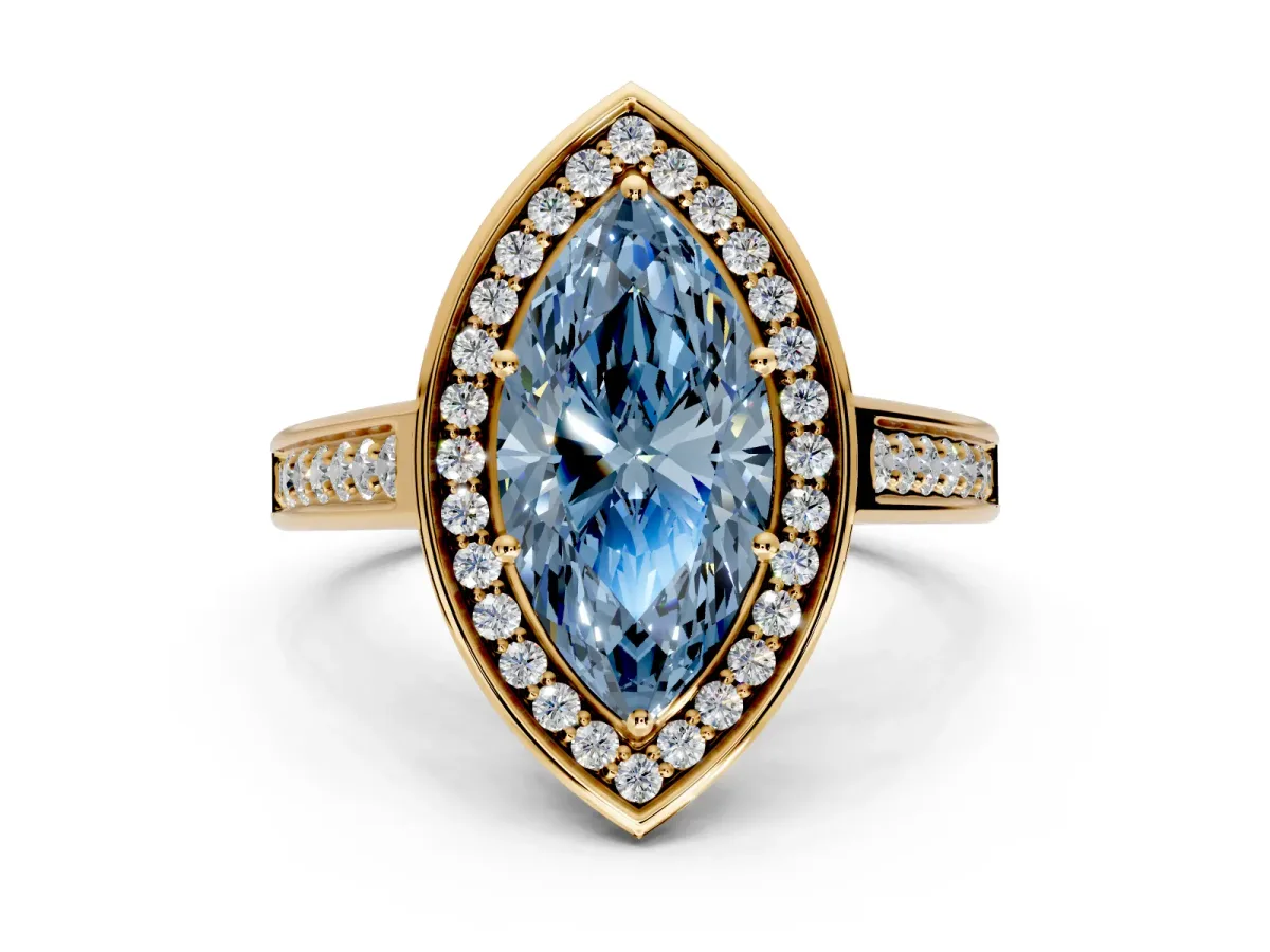 Halo Engagement Ring Setting for Fancy Blue Marquise Center with Outer Bezel Rim, Pave Band and Prong Head in Yellow Gold