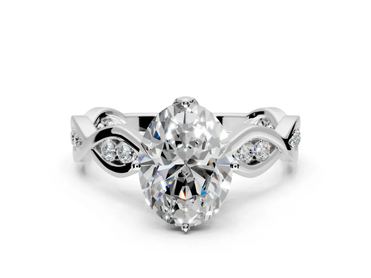Solitaire Engagement Ring Setting for Oval Center with Accented Twist Band and Leaf Prong Head in Platinum