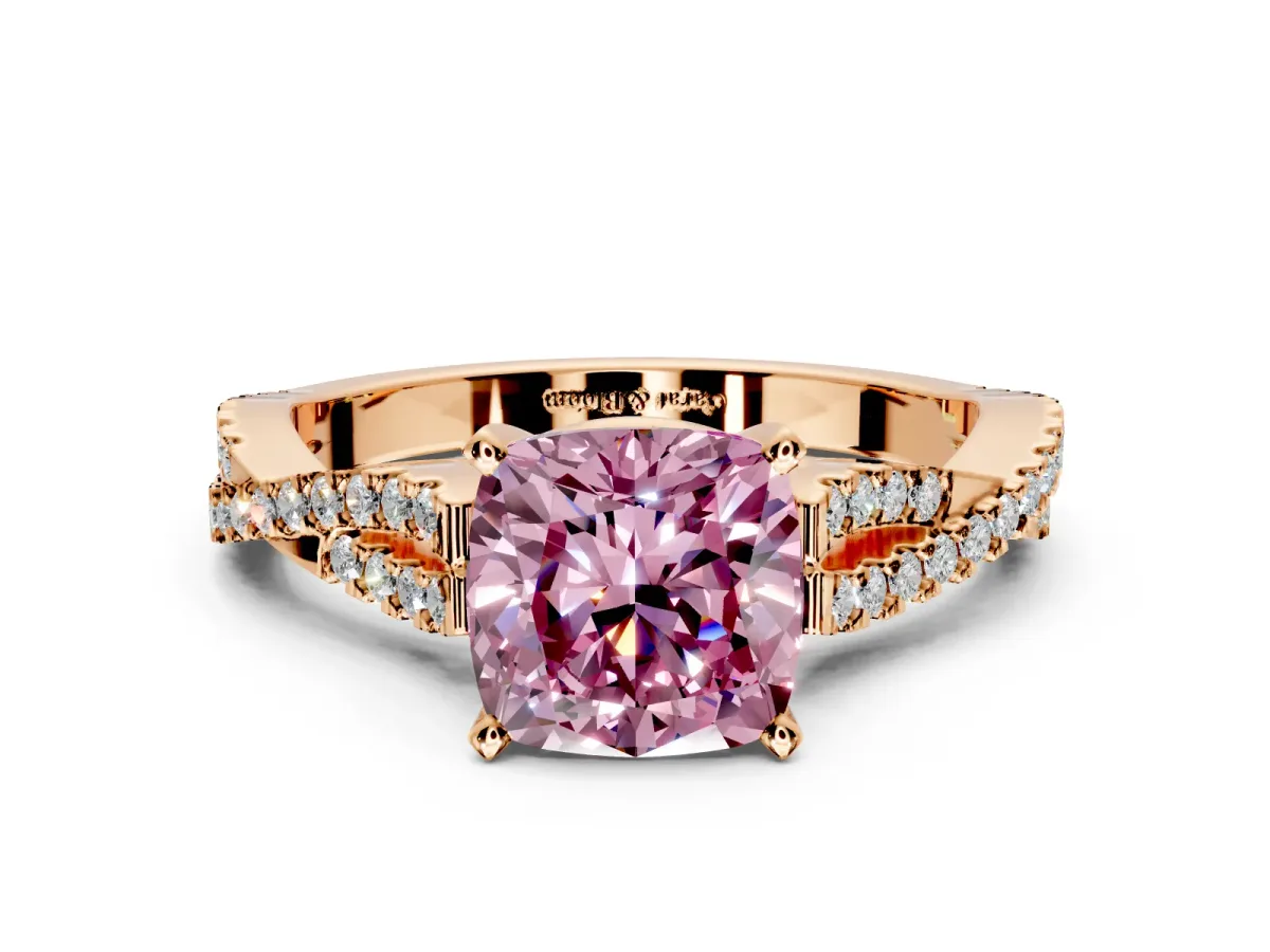 Solitaire Engagement Ring Setting for Fancy Pink Cushion Cut Center with Twisted Pave Split Shank and Prong Head in Rose Gold