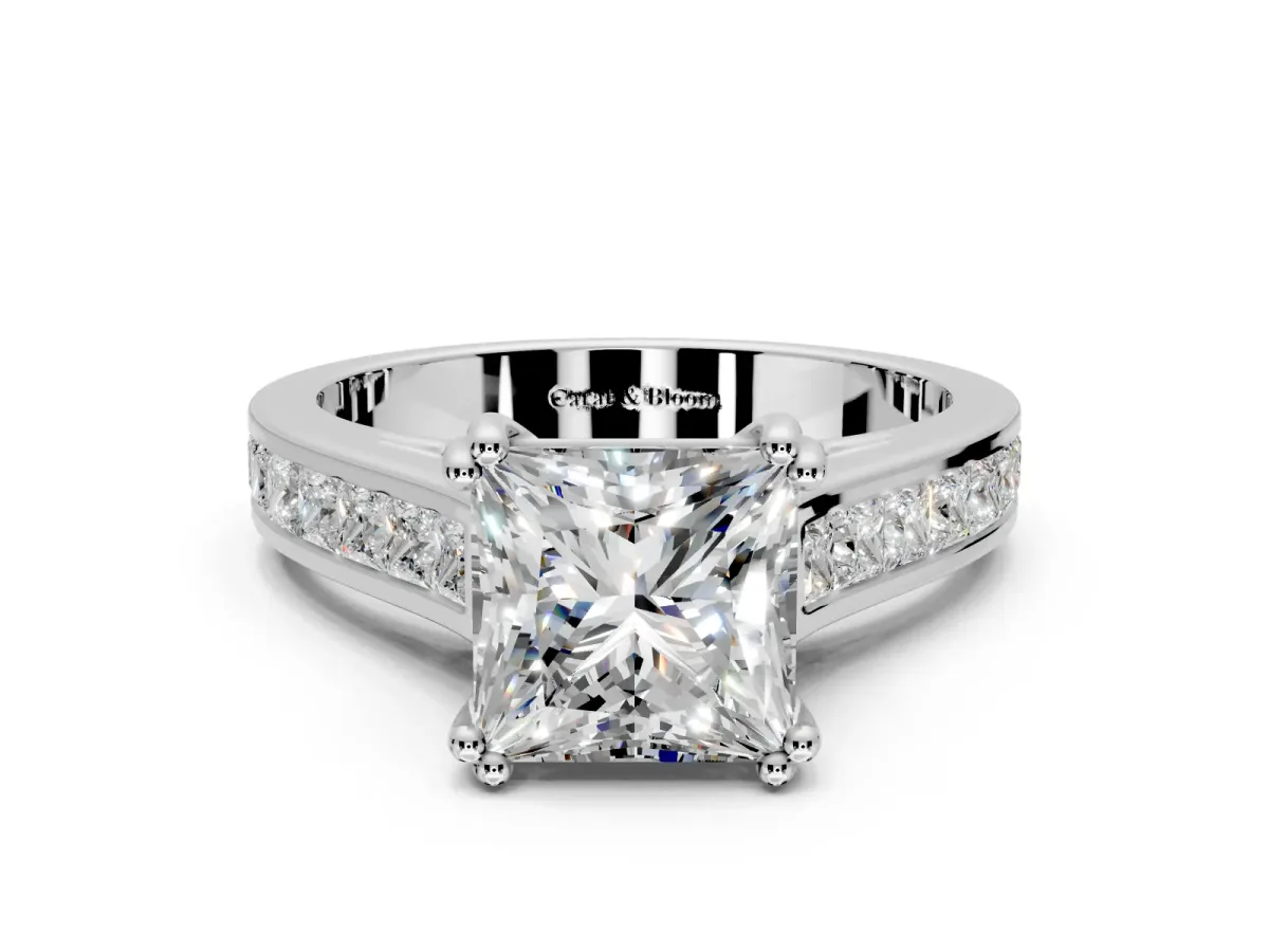 Solitaire Engagement Ring Setting for Princess Cut Center with Channel Band and Double Claw Prong Head in White Gold
