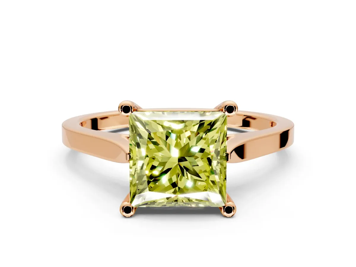 Solitaire Engagement Ring Setting for Fancy Yellow Princess Cut Center with Tapered Shoulders and Prong Head in Rose Gold