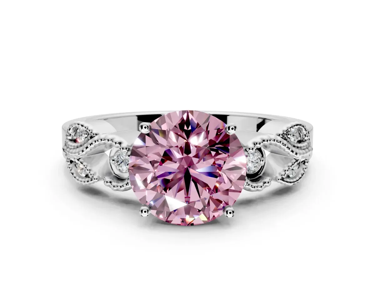 Leaf Engagement Ring Setting for Fancy Pink Round Cut Center with Milgrain Accent Band and Prong Head in White Gold