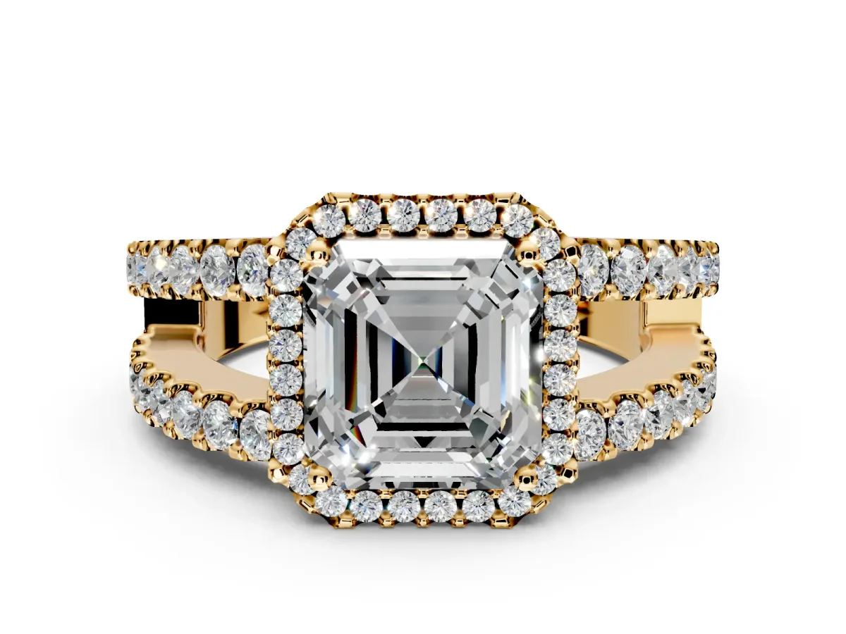 Halo Engagement Ring Setting for Asscher Cut Center with Wide-Open Pave Split Shank and Prong Head in Yellow Gold