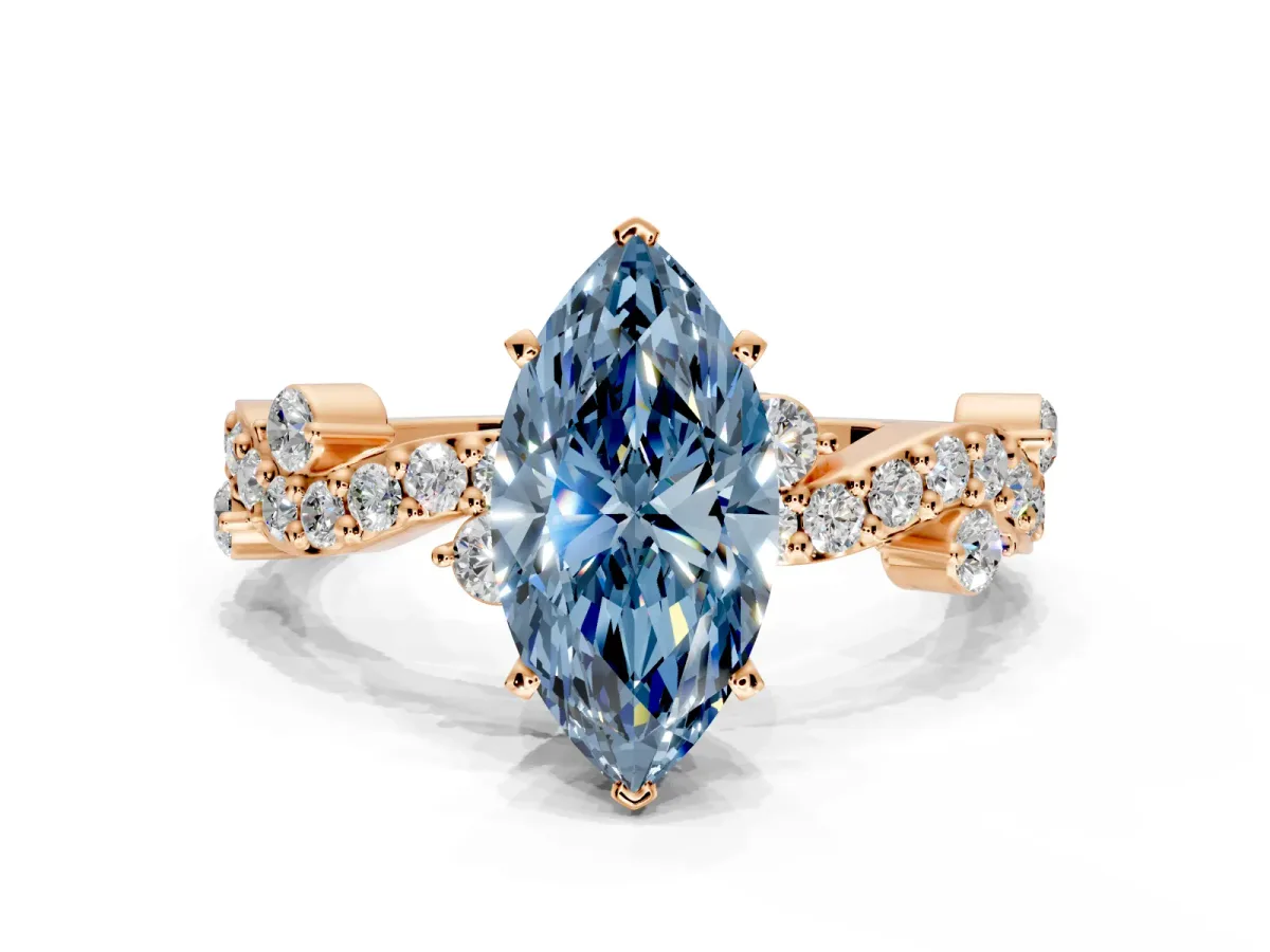 Solitaire Engagement Ring Setting for Fancy Blue Marquise Center with Bar-Station Pave Twist and Prong Head in Rose Gold