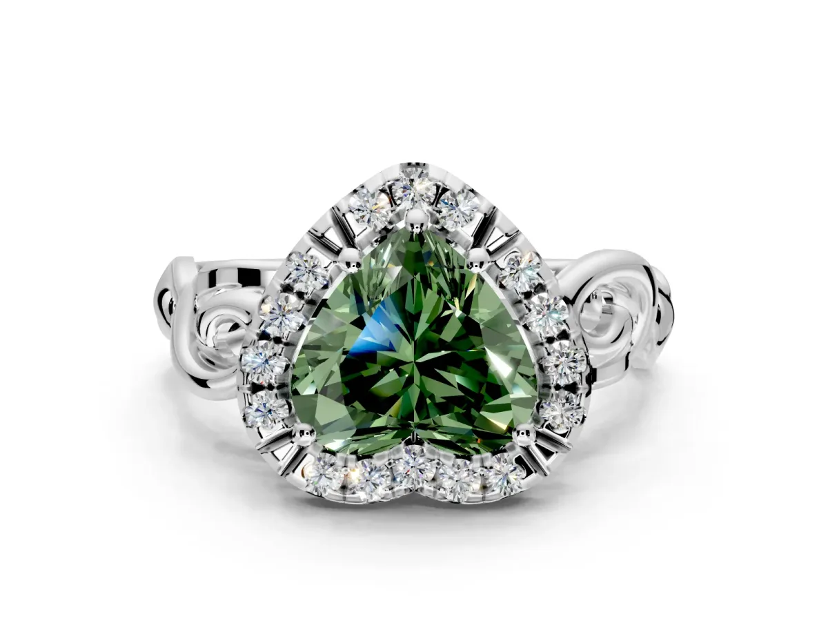 Halo Engagement Ring Setting for Fancy Green Heart-Shaped Center with Open Scroll Shoulders and Prong Head in Sterling Silver