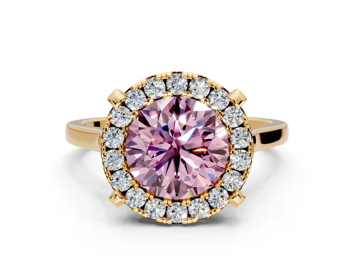 Single Halo Engagement Ring Setting for Fancy Pink Round Cut Center with Corner Claws, Plain Band and Prong Head in Yellow Gold