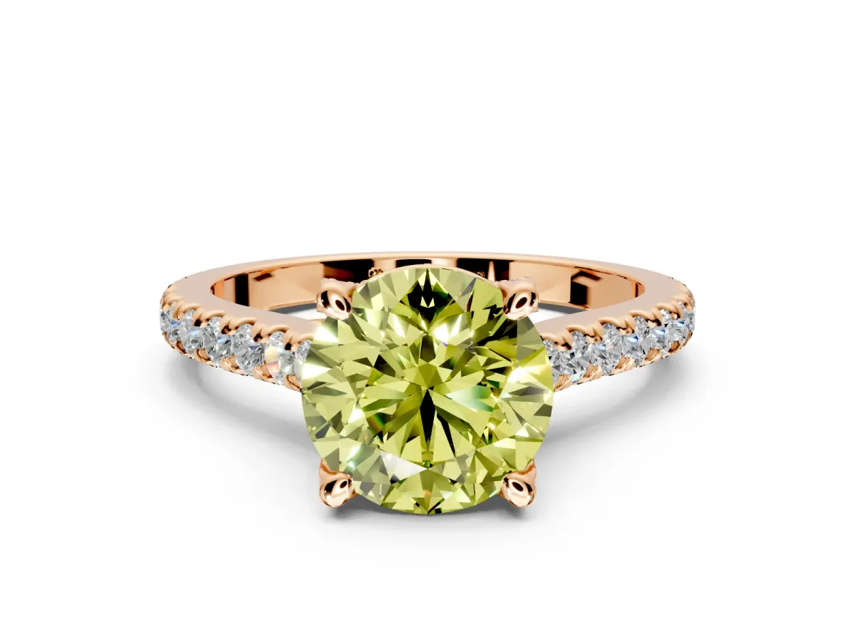 Solitaire Engagement Ring Setting for Fancy Yellow Round Cut Center with Widening Pave Band and Claw Prong Head in Rose Gold