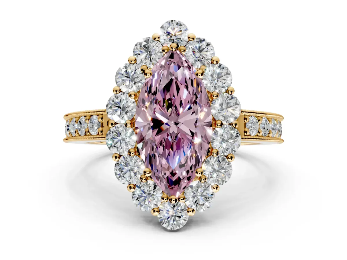 Halo Engagement Ring Setting for Fancy Pink Marquise Center with Milgrain Channel Band and Prong Head in Yellow Gold