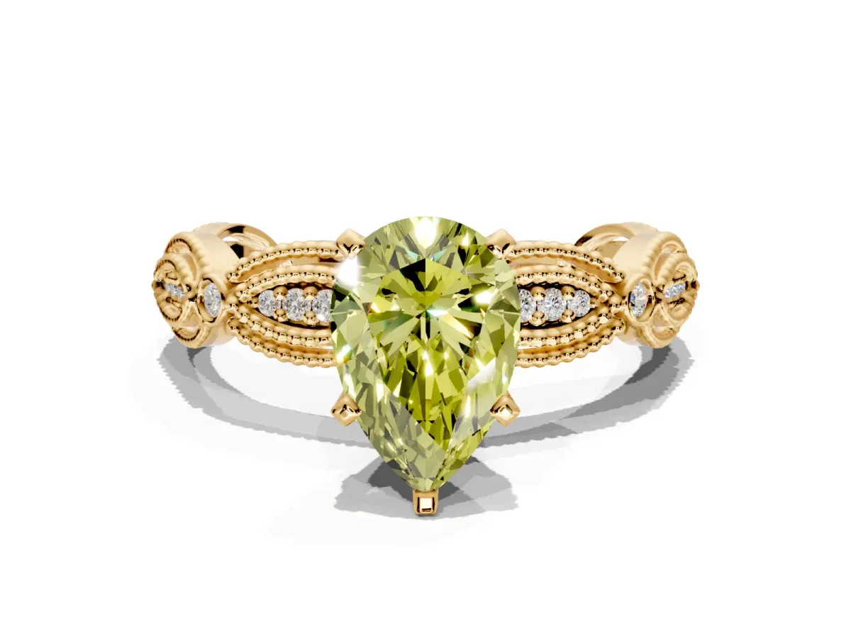 Solitaire Engagement Ring Setting for Fancy Yellow Pear-Shaped Center with Marquise Panel Band and Prong Head in Yellow Gold