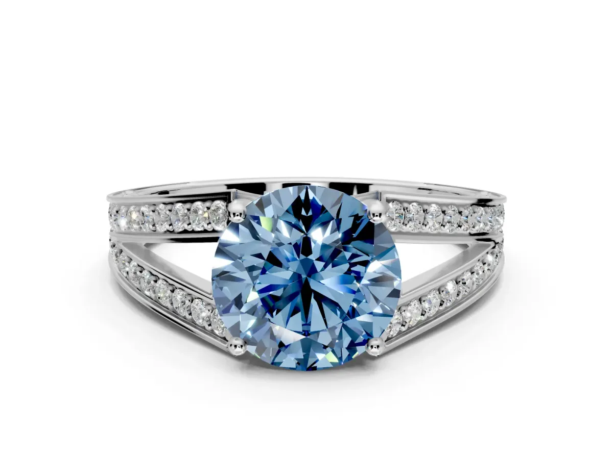 Split Shank Engagement Ring Setting for Fancy Blue Round Cut Center with Pave Split Shank and Prong Head in Sterling Silver