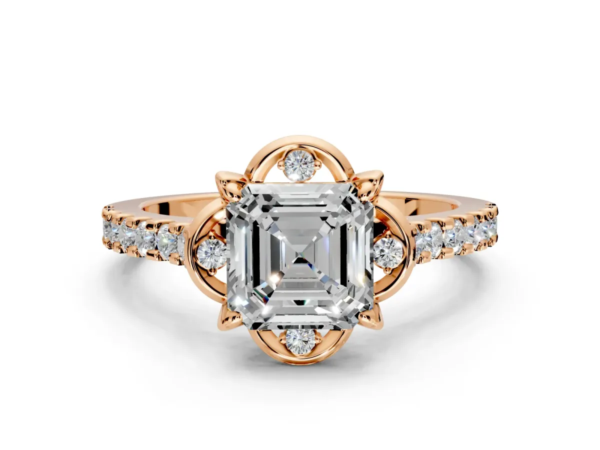 Floral Engagement Ring Setting for Asscher Cut Center with Pave Band and Floral Prong Head in Rose Gold
