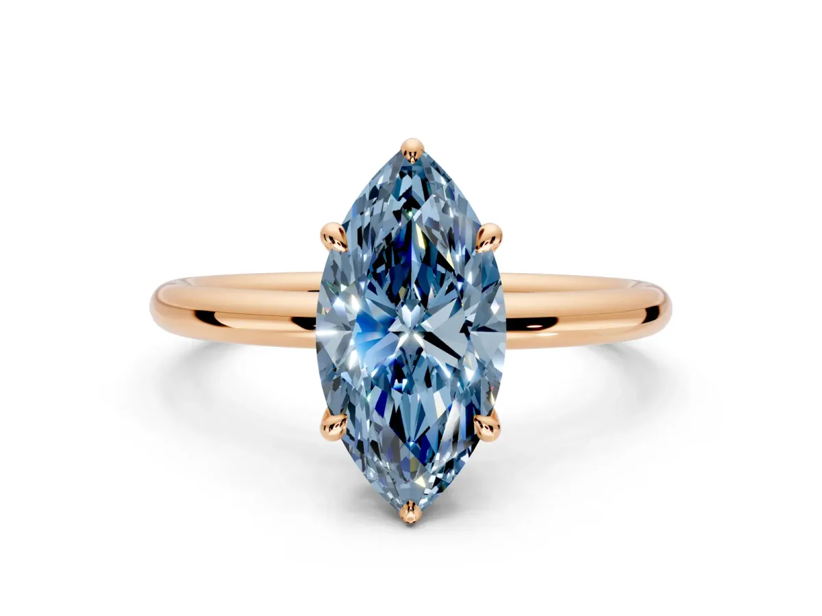 Hidden Halo Engagement Ring Setting for Fancy Blue Marquise Center with Thin Rounded Band and Prong Head in Rose Gold