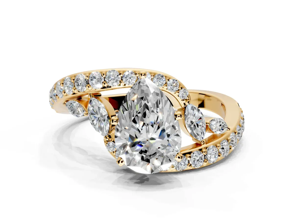 Solitaire Engagement Ring Setting for Pear-Shaped Center with Pave Bypass Twist Band and Prong Head in Yellow Gold