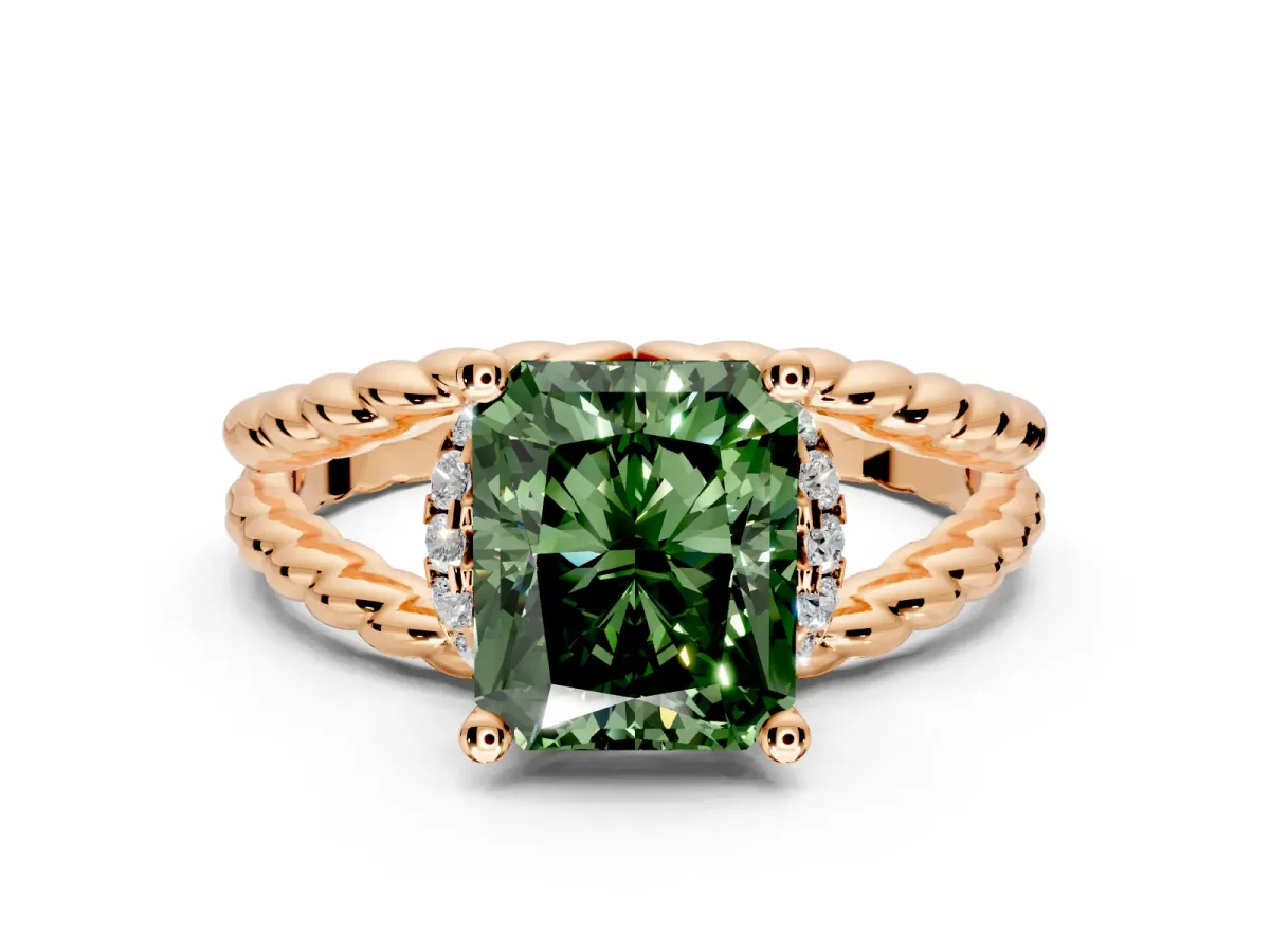 Halo Engagement Ring Setting for Fancy Green Radiant Cut Center with Rope Twist Split Shank and Prong Head in Rose Gold