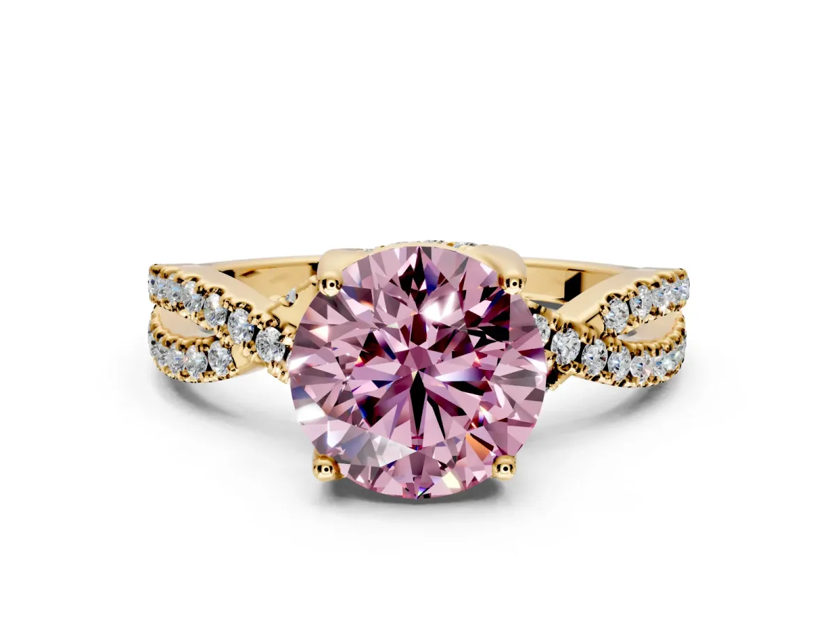 Solitaire Engagement Ring Setting for Fancy Pink Round Cut Center with Narrow Twist Pave Band and Prong Head in Yellow Gold