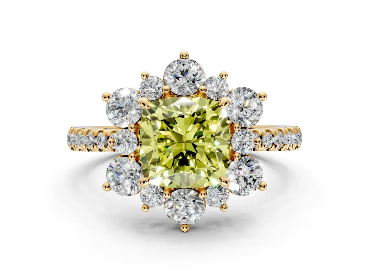 Floral Halo Engagement Ring Setting for Fancy Yellow Cushion Cut Center with Pave Accents and Prong Head in Yellow Gold