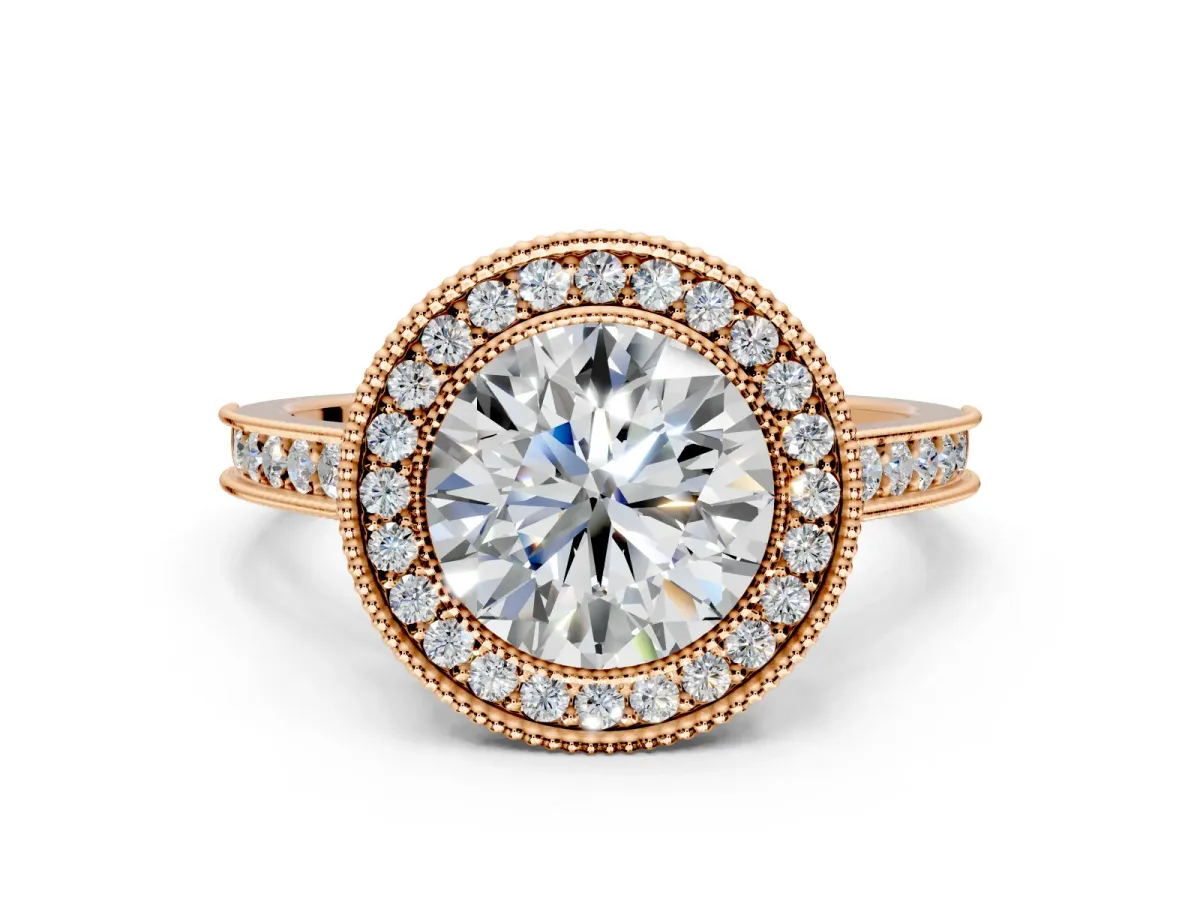 Halo Engagement Ring Setting for Round Cut Center with Milgrain Pave Band and Bezel Head in Rose Gold