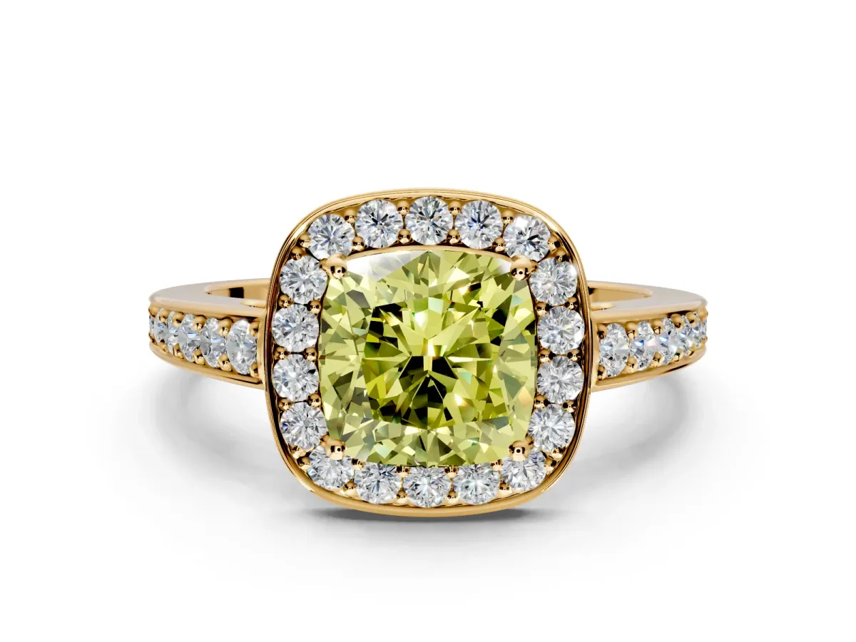 Bezel-Framed Halo Engagement Ring Setting for Fancy Yellow Cushion Cut Center with Pave Band and Prong Head in Yellow Gold