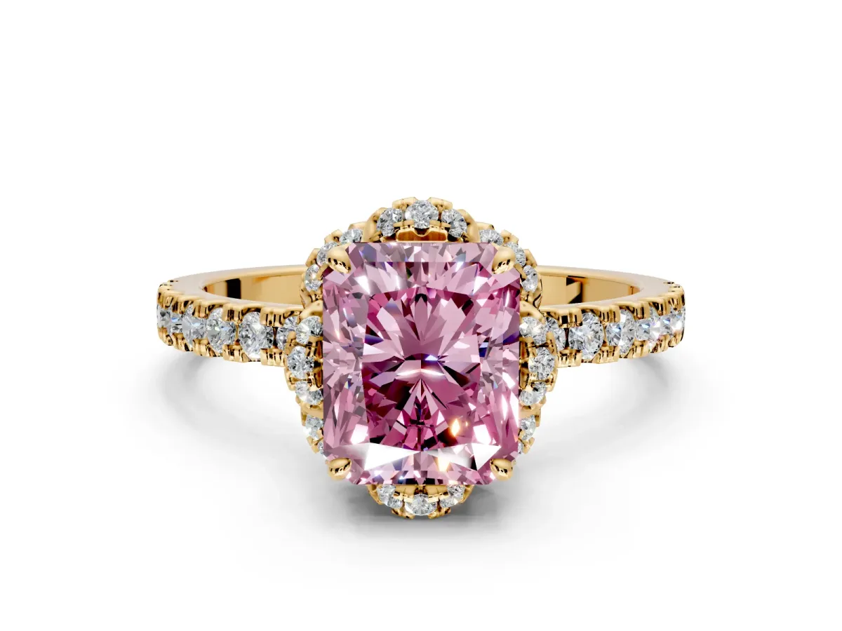 Halo Engagement Ring Setting for Fancy Pink Radiant Cut Center with Openwork Halo, Pave Band and Prong Head in Yellow Gold