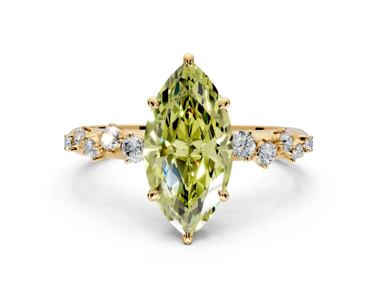 Cluster Engagement Ring Setting for Fancy Yellow Marquise Center with Round Cut Accent Band and Prong Head in Yellow Gold