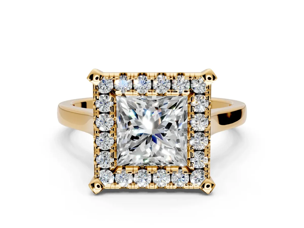 Single Halo Engagement Ring Setting for Princess Cut Center with Corner Claws, Plain Band and Prong Head in Yellow Gold