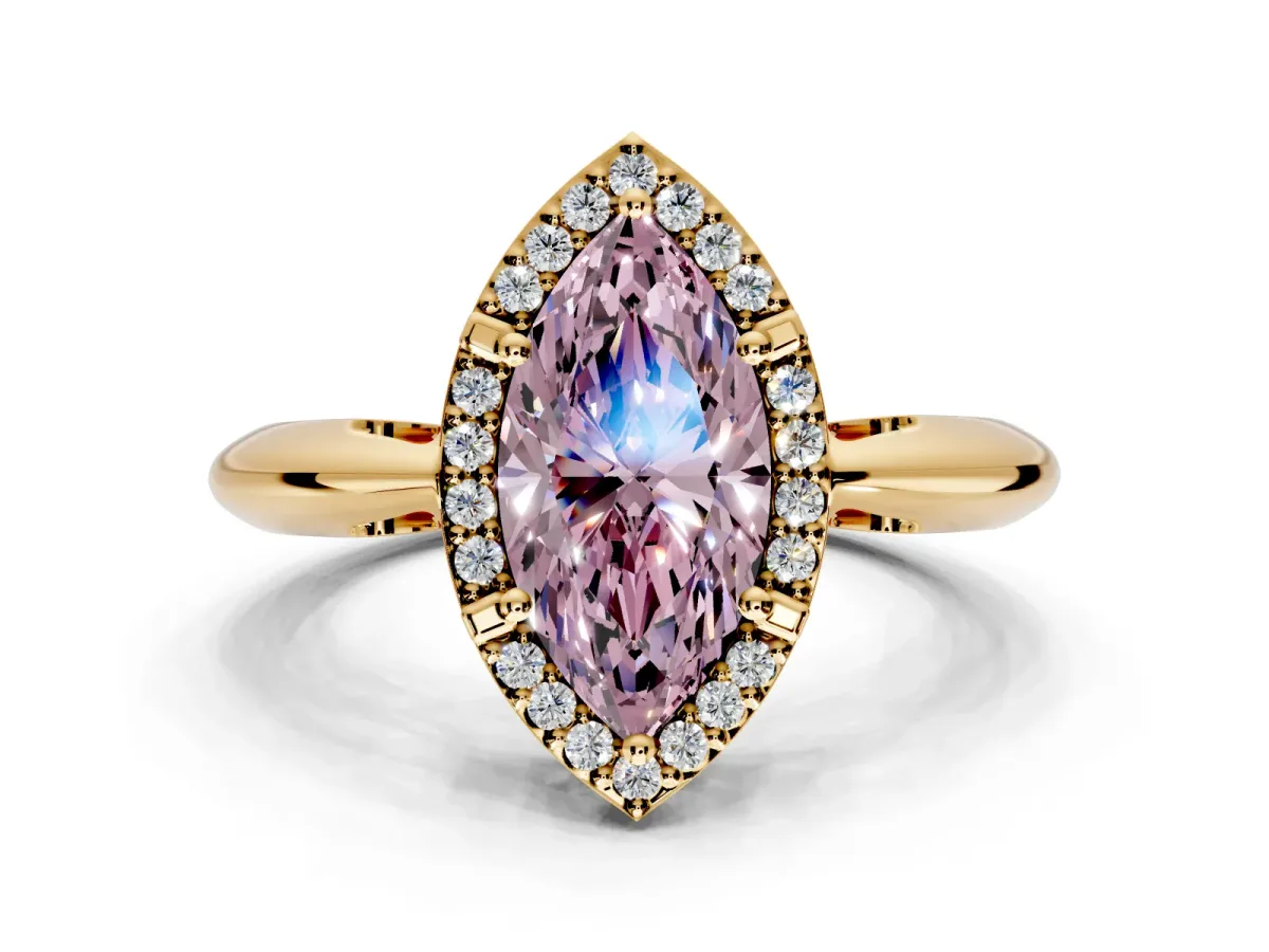Halo Engagement Ring Setting for Fancy Pink Marquise Center with Tapered Plain Band and Prong Head in Yellow Gold