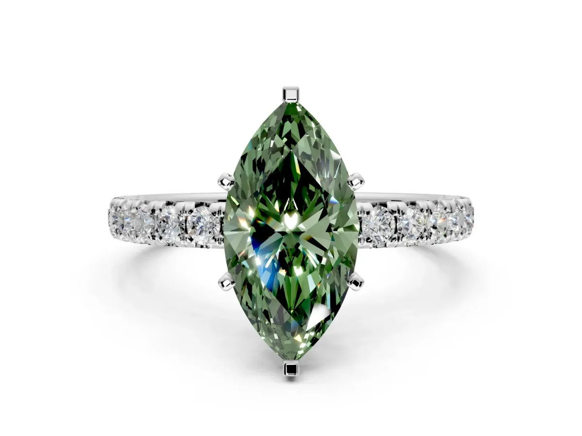 Solitaire Engagement Ring Setting for Fancy Green Marquise Center with Shared-Prong Accents and Prong Head in Sterling Silver