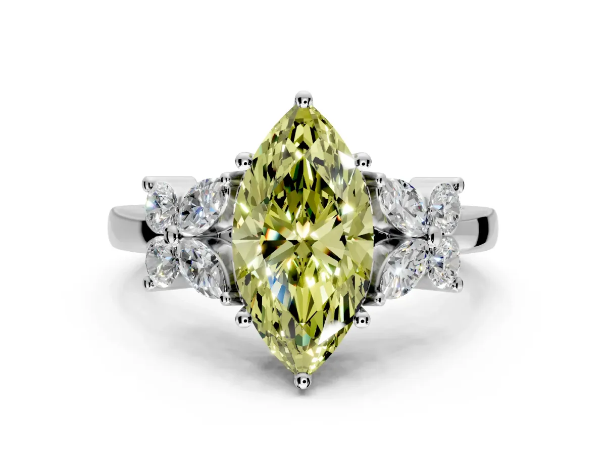 Floral Engagement Ring Setting for Fancy Yellow Marquise Center with Marquise Cluster Shoulders and Prong Head in White Gold
