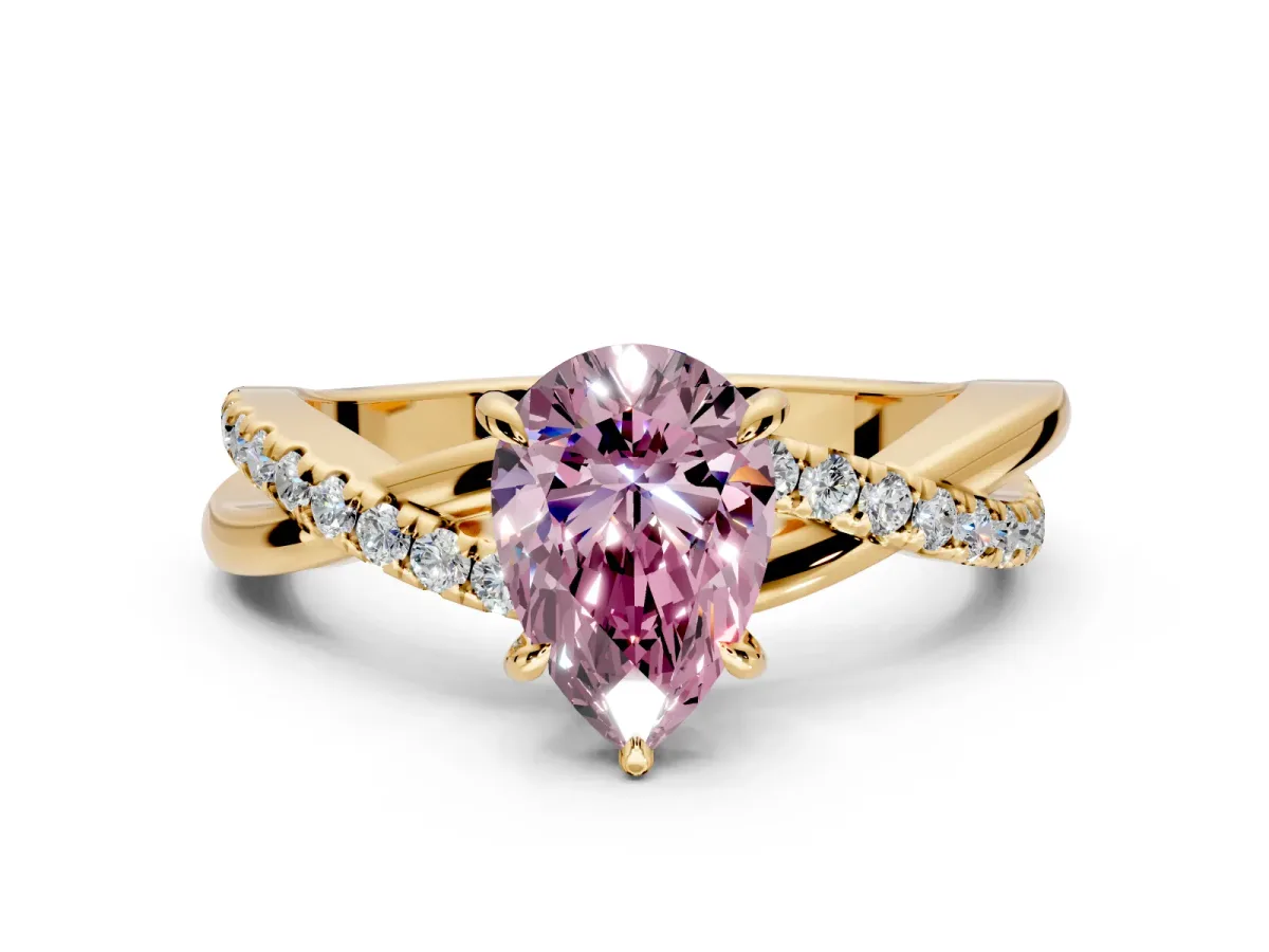 Crossover Engagement Ring Setting for Fancy Pink Pear-Shaped Center with Pave and Plain Strands and Prong Head in Yellow Gold