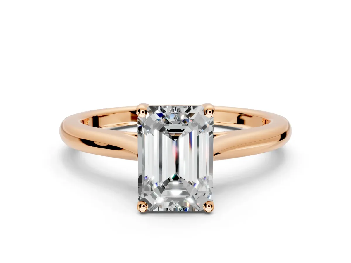 Solitaire Engagement Ring Setting for Emerald Cut Center with Narrow Cathedral Band and Prong Head in Rose Gold