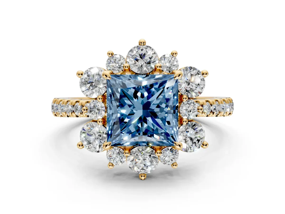 Floral Halo Engagement Ring Setting for Fancy Blue Princess Cut Center with Pave Accents and Prong Head in Yellow Gold