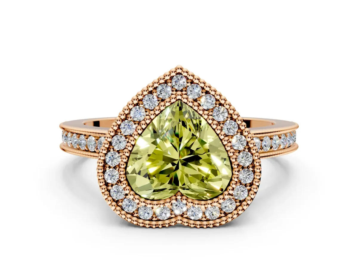 Halo Engagement Ring Setting for Fancy Yellow Heart-Shaped Center with Milgrain Halo, Pave Band and Prong Head in Rose Gold