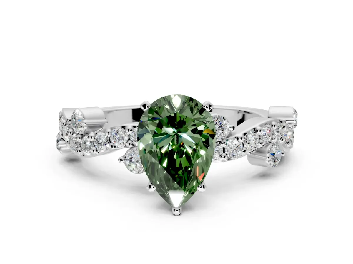 Solitaire Engagement Ring Setting for Fancy Green Pear-Shaped Center with Bar-Station Pave Twist and Prong Head in Platinum