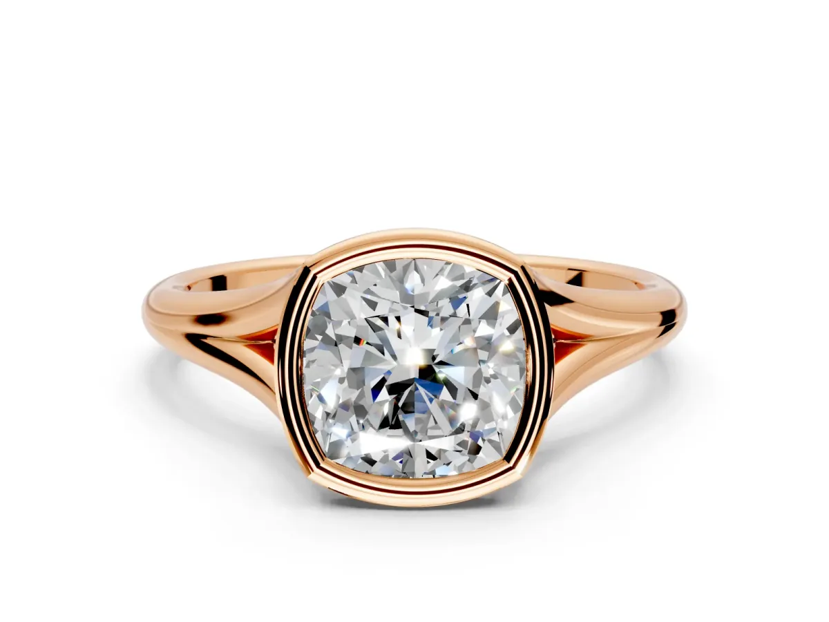 Solitaire Engagement Ring Setting for Cushion Cut Center with V Split Shank and Bezel Head in Rose Gold