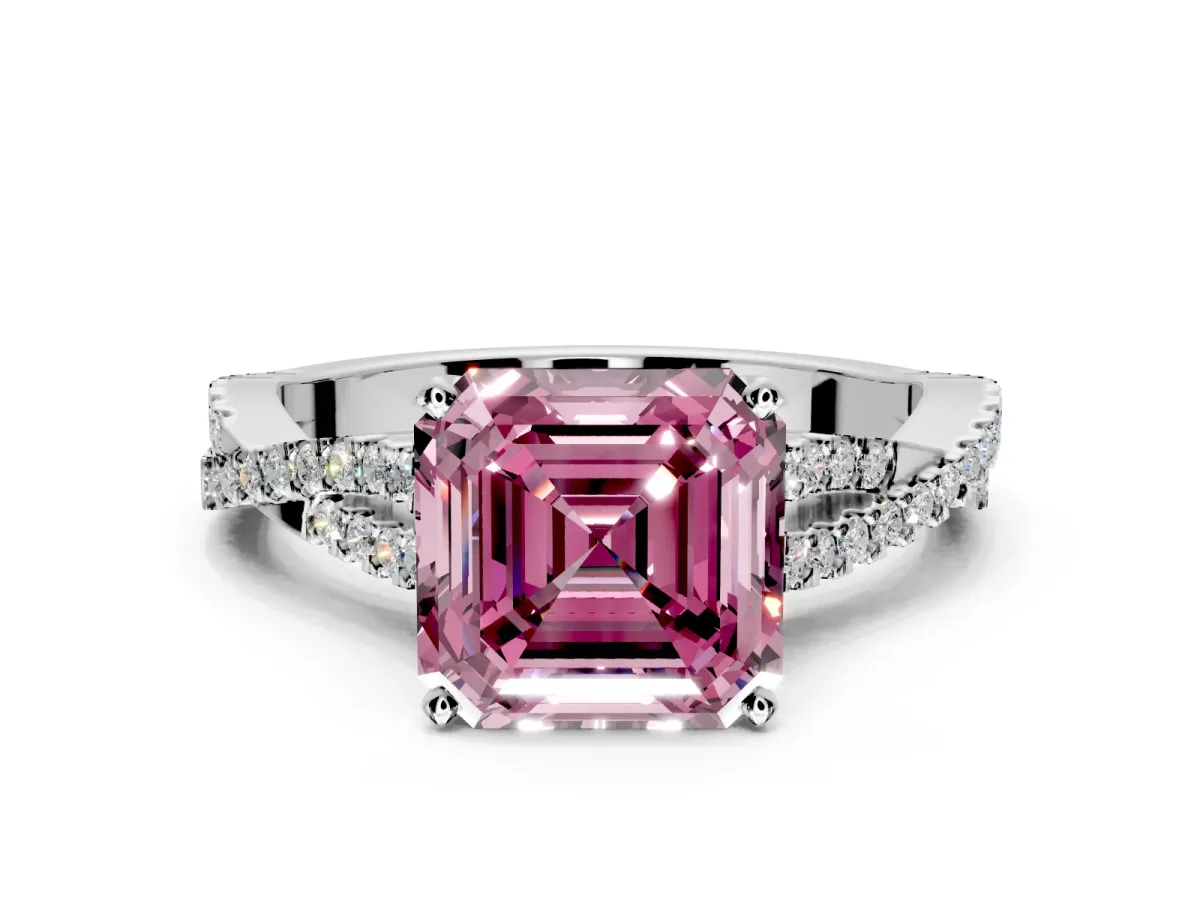 Solitaire Engagement Ring Setting for Fancy Pink Asscher Cut Center with Twisted Pave Split Shank and Prong Head in Platinum