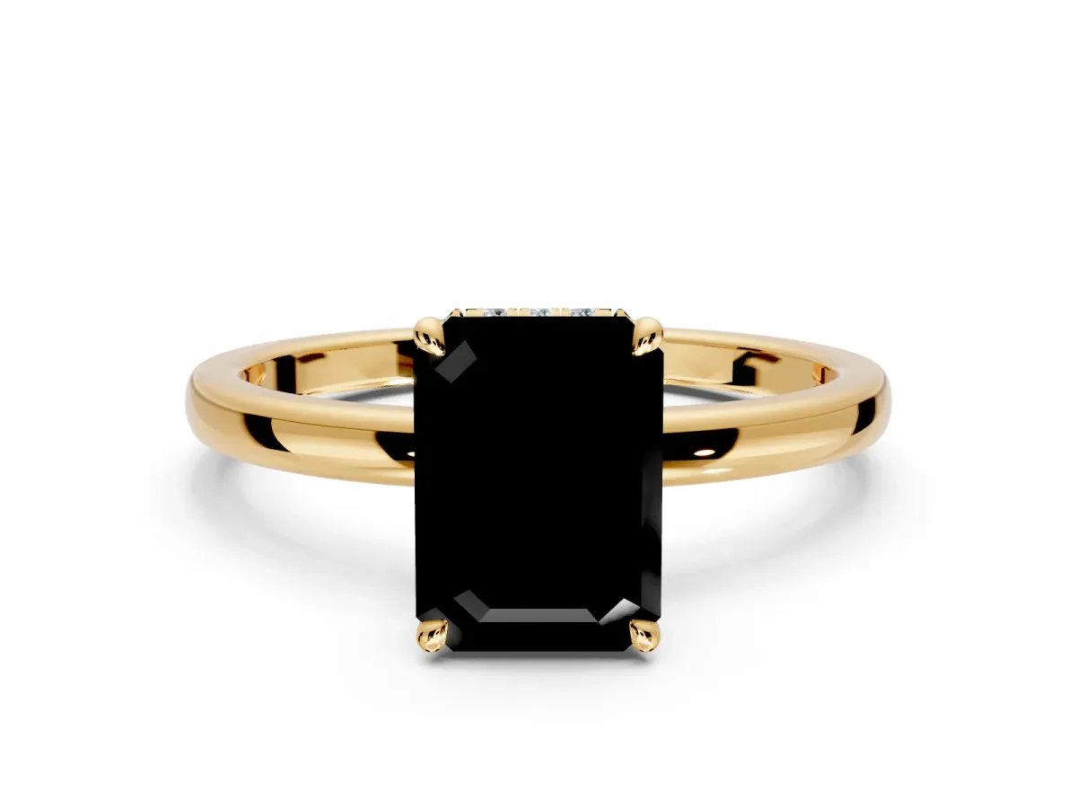 Hidden Halo Engagement Ring Setting for Fancy Black Emerald Cut Center with Plain Band and Tall Prong Head in Yellow Gold