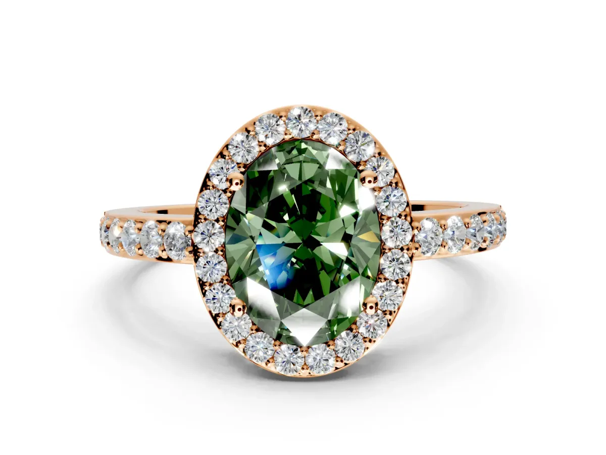 Halo Engagement Ring Setting for Fancy Green Oval Center with Heart-Shaped Openwork, Pave Band and Prong Head in Rose Gold