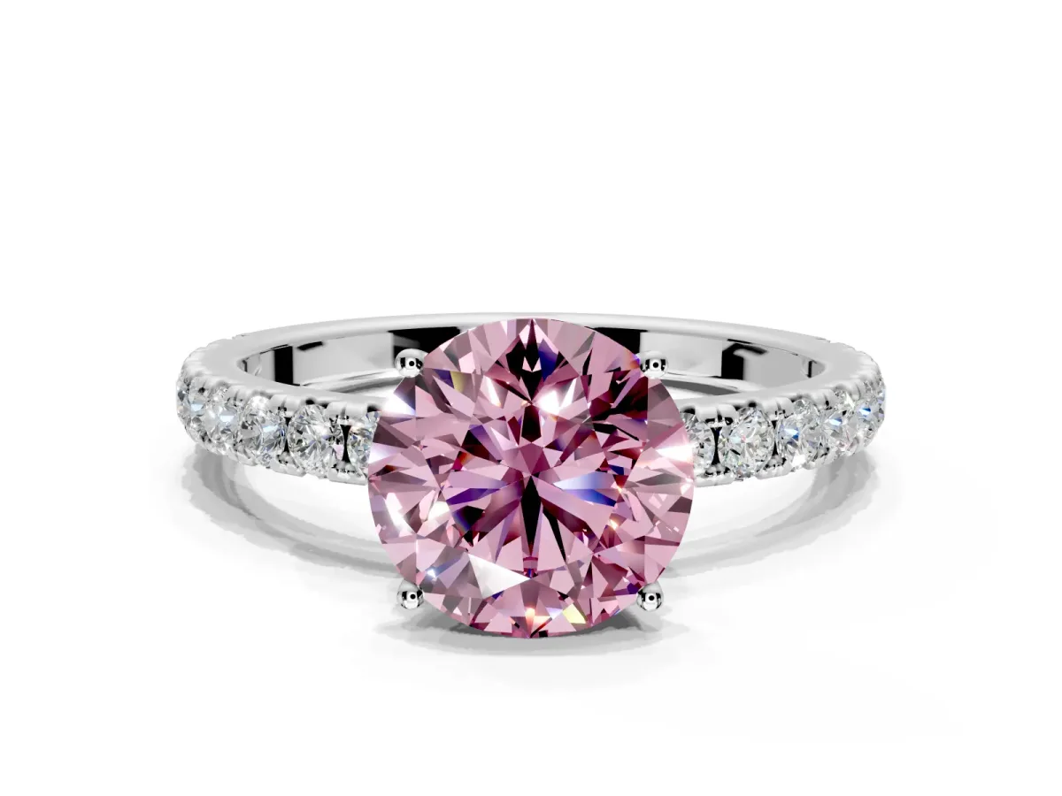 Solitaire Engagement Ring Setting for Fancy Pink Round Cut Center with Large Accent Band and Prong Head in Platinum