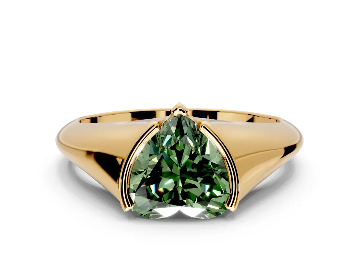 Tension Engagement Ring Setting for Fancy Green Heart-Shaped Center with Wide Tapered Band and Tension Head in Yellow Gold